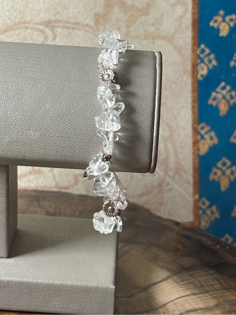 Clear Crystal Quartz Chip Stretch Bracelet with Silver Accent